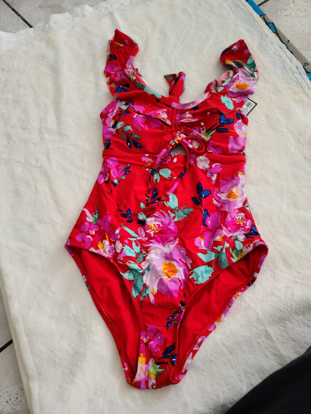 Red Floral One-Piece Swimsuit with Ruffle Straps